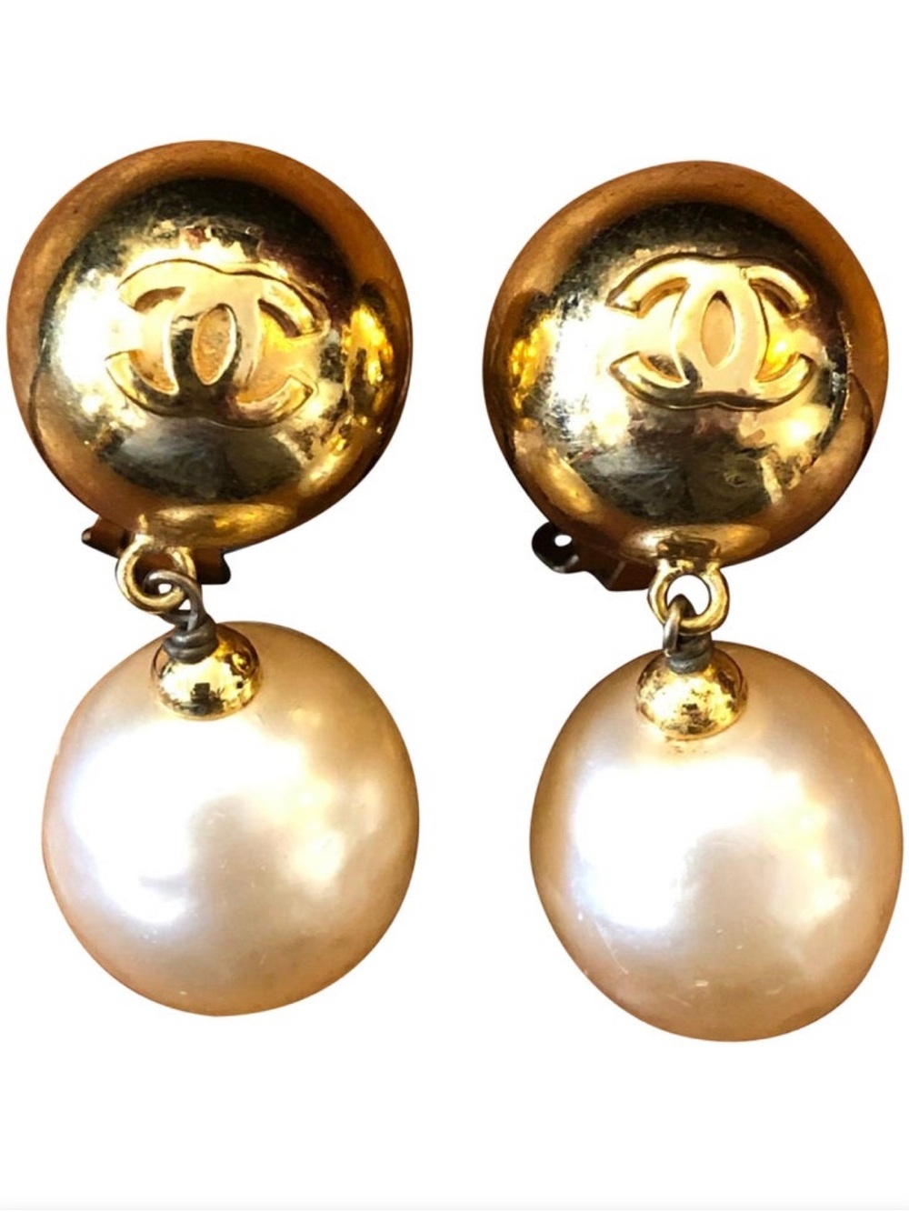 Chanel gold-toned sphere earrings faux pearl drops and iconic CC logos